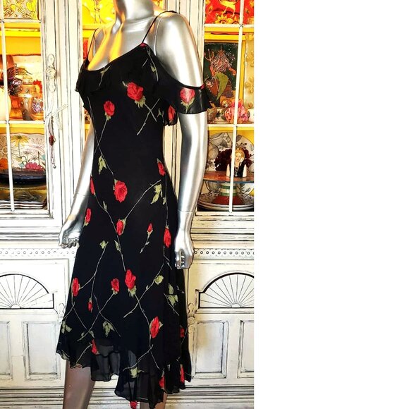 Vintage Betsey Johnson New York 90s Black Floral Red Rose Milkmaid Slip Dress S - Picture 7 of 15